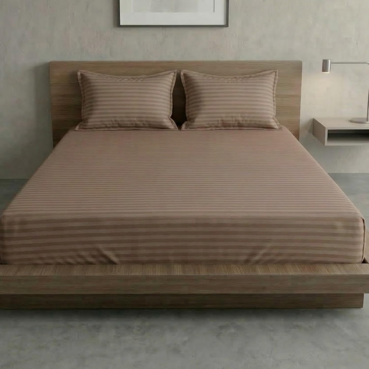 Beige Stripe Elastic Fitted Double Bedsheet (72x78 Inches) With 2 Pillow Covers | Soft To Touch & Comfortable | 300 Thread Count