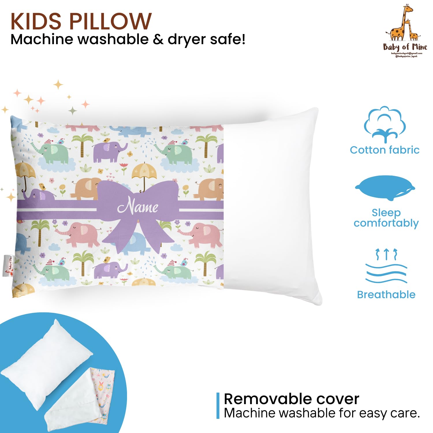 Personalized Pillow For Kids, Super Soft Cotton Kids Cushion - 12 X 18 Inches | Custom Name, For 5 Years Old Kids, Adorable Prints | For Head, Neck Support Baby Pillow - Pillow 07