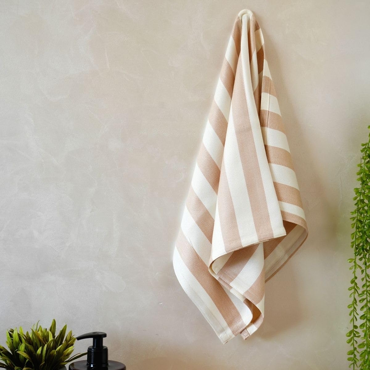 Debaans 100% Bamboo Hand Towels 800 Gsm | Buttery Soft, Ultra-Absorbent, Lightweight, Anti-Microbial, Hypoallergenic, Quick Dry Hand Towel (Set Of 4) - Beige Stripe