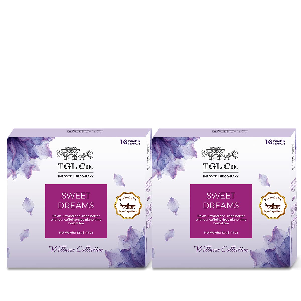 TGL Co. Sweet Dreams Herbal Tea - Pack Of 2 X 32gm, 1.1 Ounce Each, 32 Pyramid Tea Bags | Improve Sleep & Relieve Stress - Aids Digestion, Anti-Inflammatory | Caffeine Free
