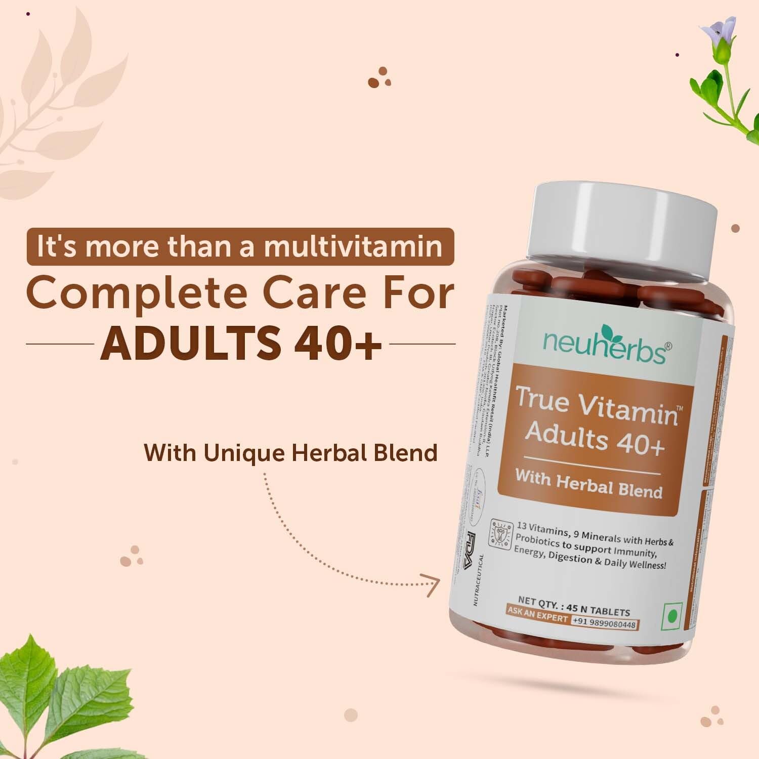 Neuherbs True Vitamin Adult 40+ , Multivitamins With Herbal Blend To Support Immunity, Energy, Digestion & Daily Wellness | 45 Tablets , 100gm 0.2lbs