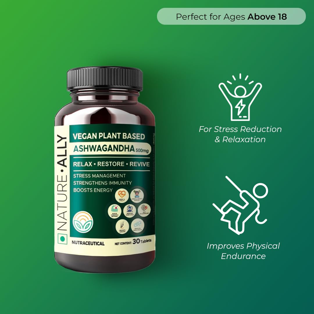 Natureally Ashwagandha 500mg Extra Strength Natural Formulation Support Strength & Energy Withania Somnifera Extract | 30 Vegetarian Tablets 50gm 0.1lbs