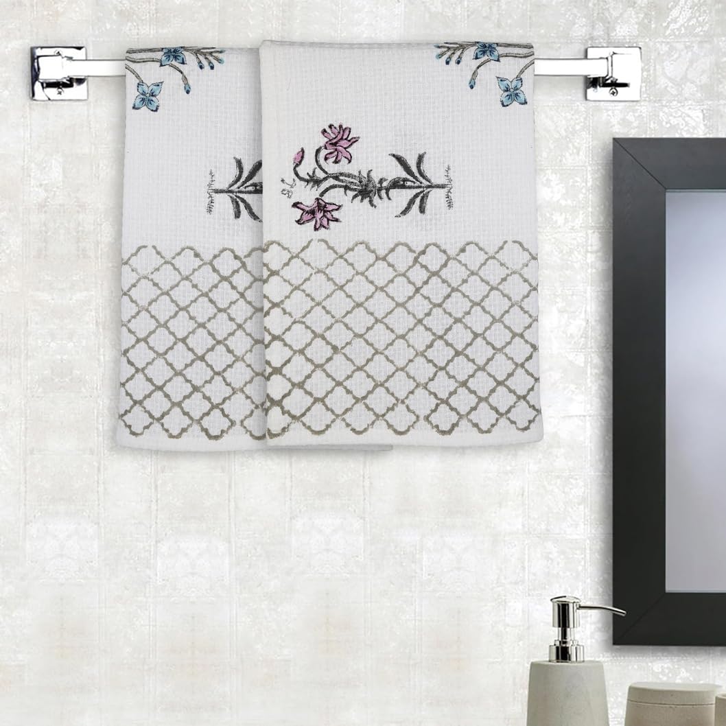 Urbano Homz 100% Cotton Large Size 2 Piece Waffle Weave Hand Towel 200 Gsm | Set In Beautiful Paisley Design (Teal & Pink Flowers)