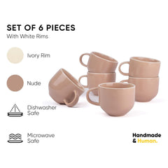 Ceramic Tea Cups Set Of 6 - Nude Rim, 200ml Each | Tea Cup Set Of 6 - Premium Stoneware Tea Set With Glossy Finish | Ceramic Tea Cup - Small Cups For Tea | Microwave Safe & Dishwasher Safe
