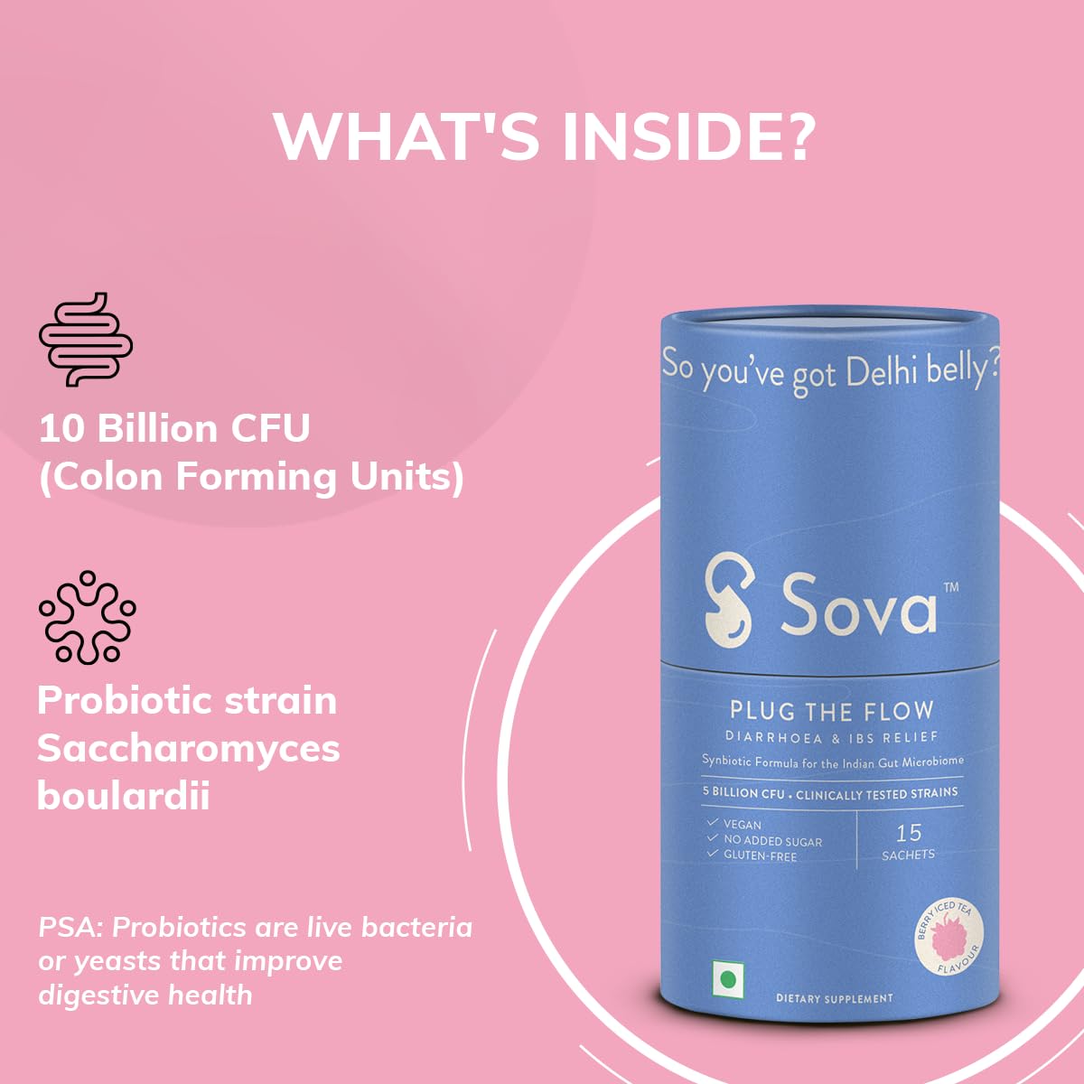 Sova Plug The Flow For Men & Women Ibs Relief, Prevent Loose Stools, Diarrhea, Upset Stomach, Pre & Probiotics Digestive Enzymes 5 Billion Cfus | 15 Vegan Sachets 150gm 0.3lbs, Each Pack Of 2
