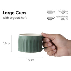 Ceramic Line Cappuccino Cup Set Of 2 - Rustic Green, 300ml Each | Coffee Cup With Matte Finish - Large Cup For Coffee - Ceramic Cup | Premium Stoneware Coffee Cup | Microwave Safe & Dishwasher Safe