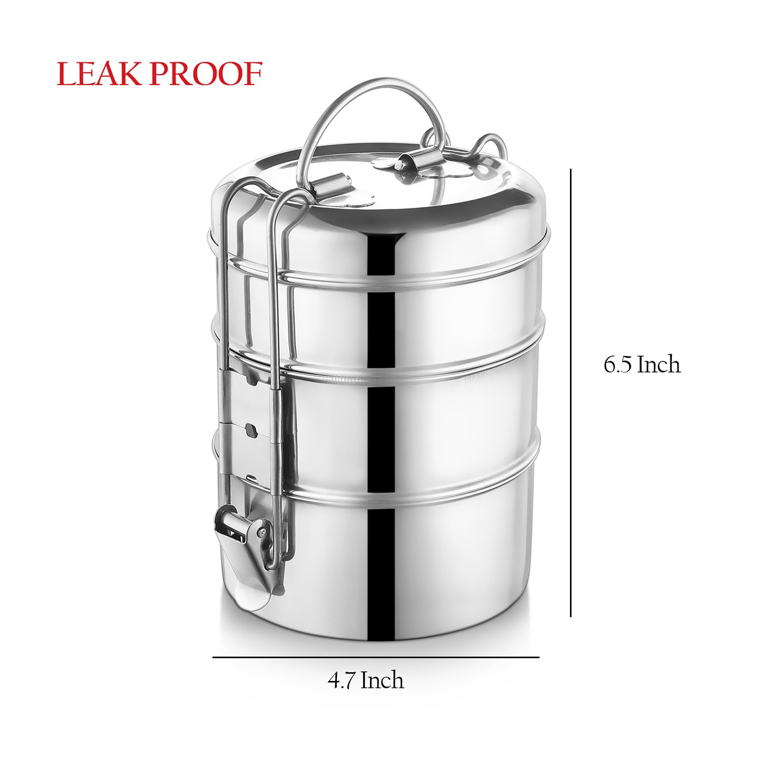 Silver Stainless Steel Tiffin Storage Container With Lid & Classic Lock 3-Tier | Lunch Box For Office, College, School - Air Tight & Leakproof