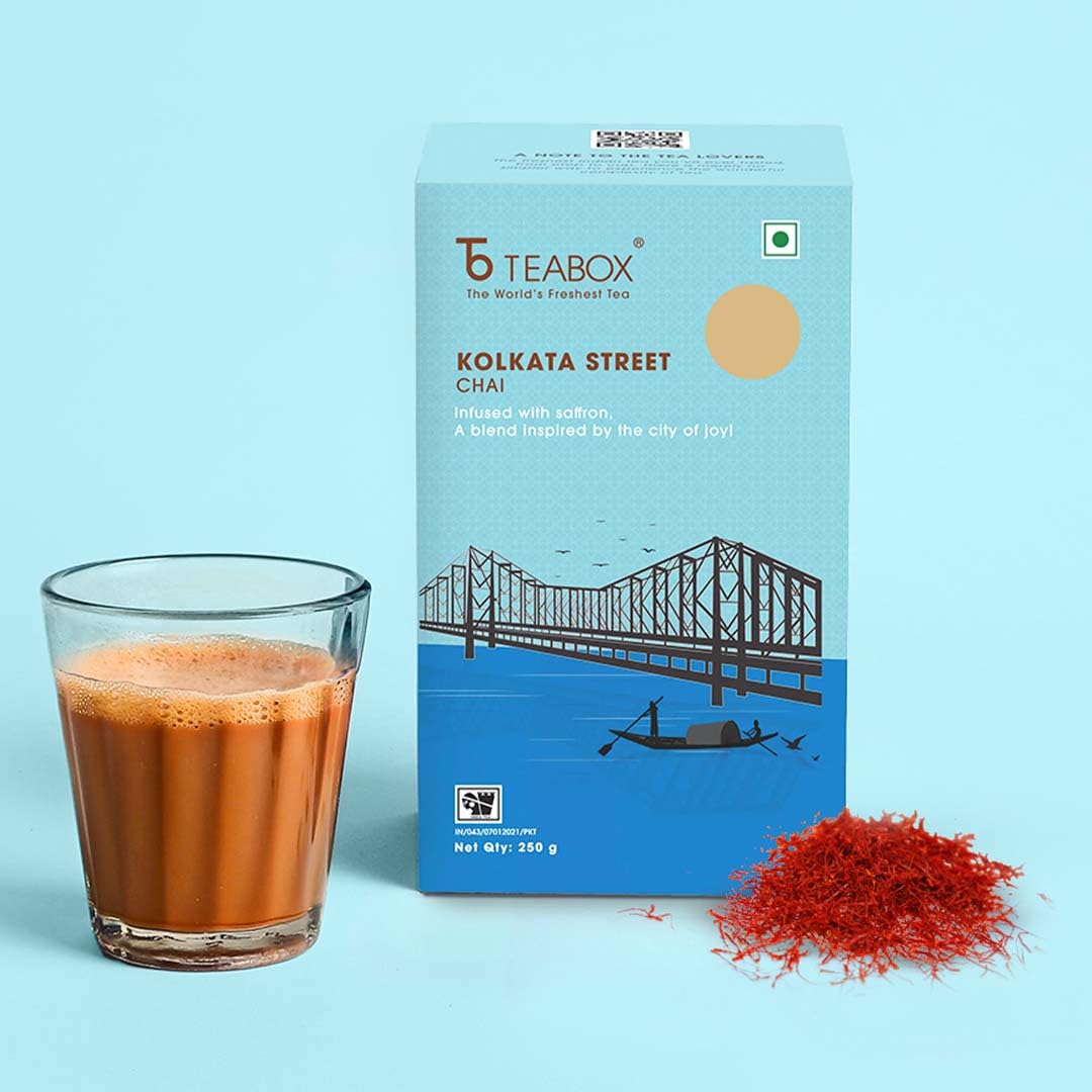 Teabox Kolkata Street Chai Tea - 250gm, 8.8 Ounce | Blended With Saffron, Cardamom, Nutmeg & Ginger Exquisite Aromas Of Saffron - Inspired By The City Of Joy | Low Caffeine