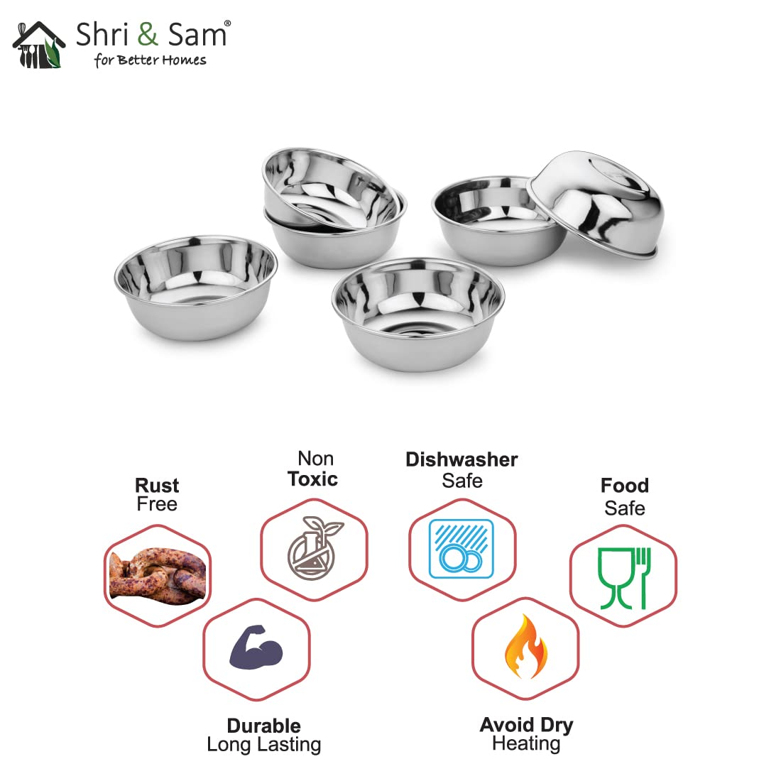 Stainless Steel Shagun High Grade Dessert Bowls Set Of 6 Pieces, Silver - 200ml Each | Easy To Clean & Dishwasher Safe