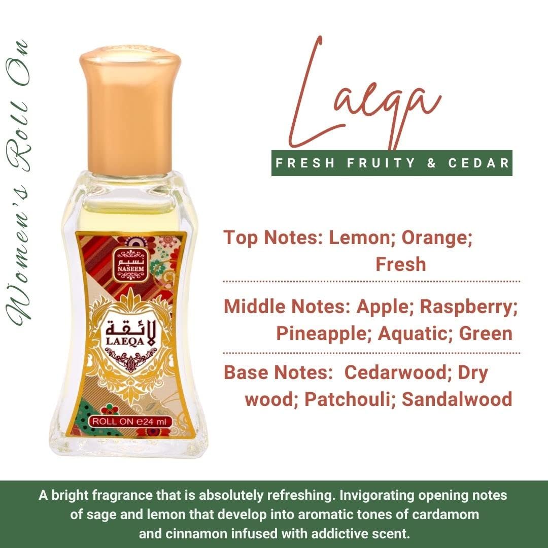 Naseem Laeqa Perfume Oil Roll On 24ml 0.8 Fl.oz. Arabian Fragrance Oil For Women | Long Lasting | Alcohol Free