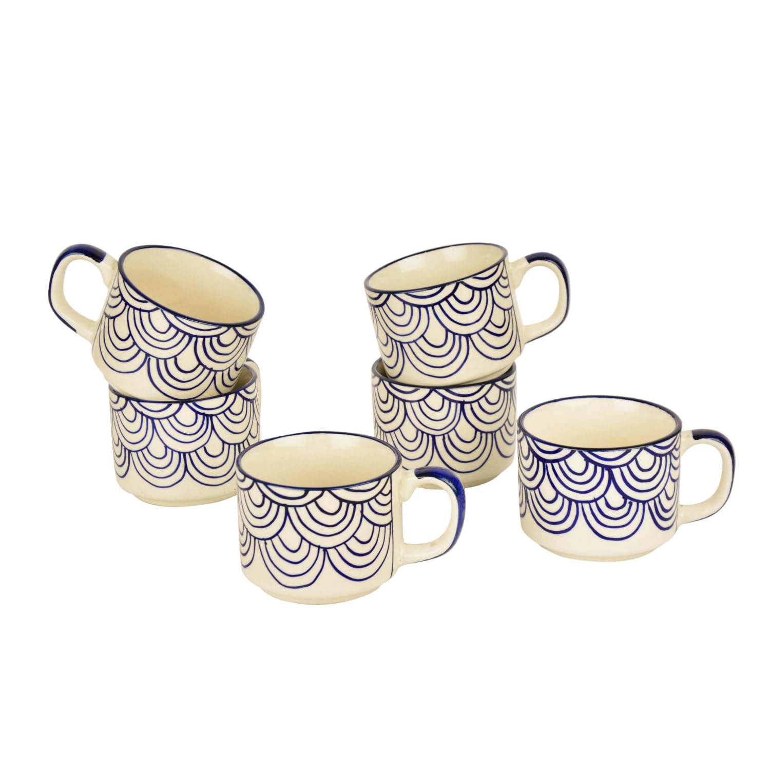 Hand Painted Blue Spiral Ceramic Cups Set Of 6 - Blue, 150ml Each | Microwave & Dishwasher Safe Tea Cups & Mugs - Cups For Chai, Coffee, Cappuccino, Milk, Latte, Hot & Cold Drinks