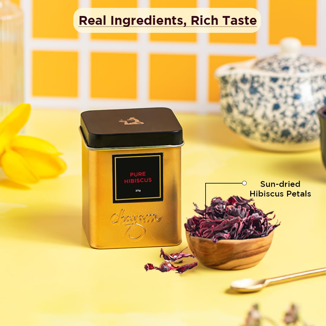 Chayam Pure Hibiscus Tea - 30gm Tin Caddy, 1.05 Ounce | Promotes Better Skin, Maintains Weight - Rich In Vitamin C & Antioxidants | Caffeine Free