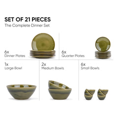 Ceramic Dinner Set Of 21 Pcs, Mehndi Ombre | Crockery Set - Dining Sets Crockery Items | 6 Dinner Plates+ 6 Quarter Plates+ 6 Veg Bowls, 220ml Each+ 2 Medium Bowls, 850ml Each+ 1 Large Bowl, 1400ml