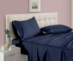 Plain Double Bedsheet For Queen Size With 2 Pillow Cover - 60 X 78 Inches, Blue | Satin Stripes All Around Elastic Fitted Bedsheet | Light Weight & Breathable