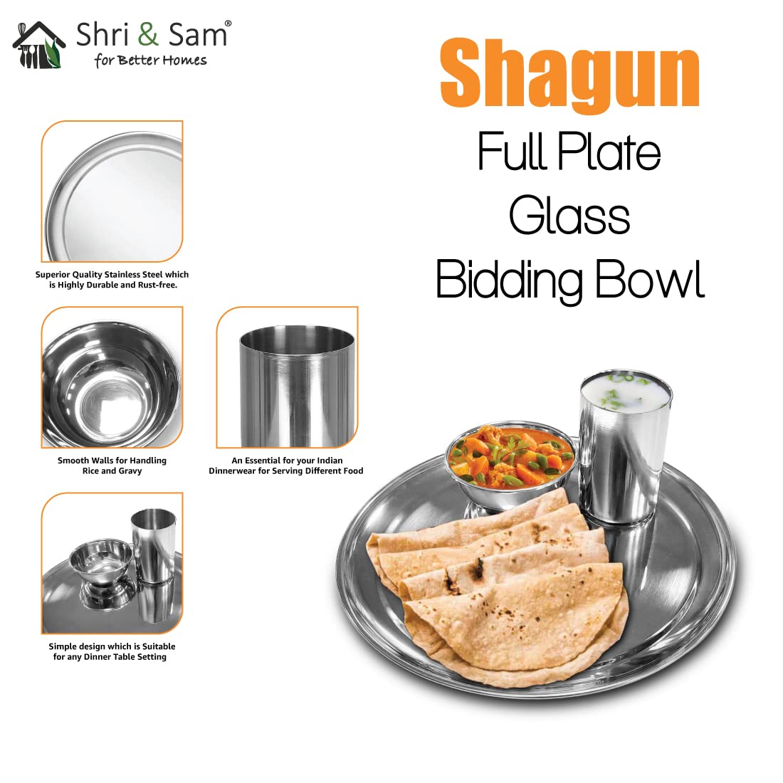 Stainless Steel Shagun Solid Dinner Set Of 3 Pcs, Silver | 1 Dinner Plate+ 1 Bowl+ 1 Glass - Dishwasher Safe