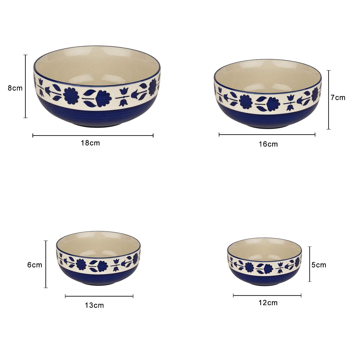 Studio Pottery Hand Painted Dinner Serving Bowl Set Of 4 - 1200ml+650ml+450ml+250ml, Blue Flower | Dinner Serving Donga Set - Stackable Kitchen Bowl Set