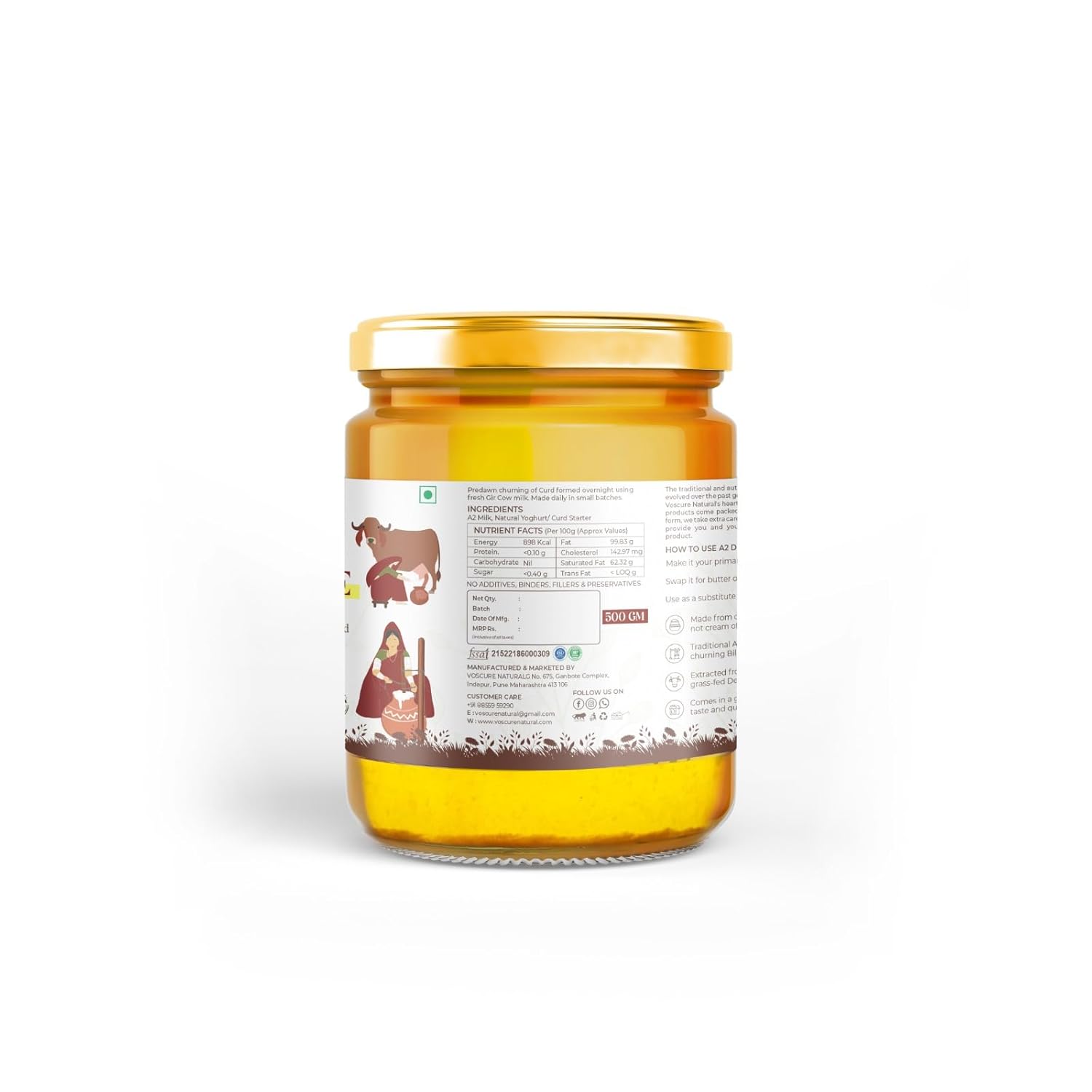 Premium A2 Cow Desi Ghee By Voscure Natural | Good Source Of Healthy Desi Cow Ghee Perfect For Bakes Cookies | (500ml) 16.9 Ounce | Jar Pack