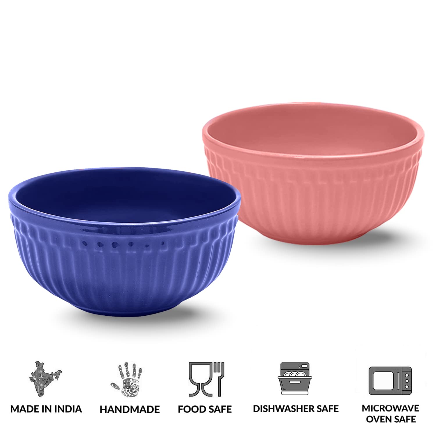 Ceramic “Strip” Handcrafted Multipurpose Serving Bowl Katoris Set Of 2 - 450ml Each, Blue & Pink | Cereal Bowl, Soup Bowl, Salad Bowl - Dishwasher & Microwave Safe