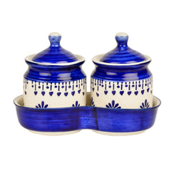 Hand Painted Ceramic Pickle Jar Set With Tray Set Of 2 - Blue & White, 250ml Each | Condiment Set, Masala Container - Pickle & Chutney Jar Set For Dining Table