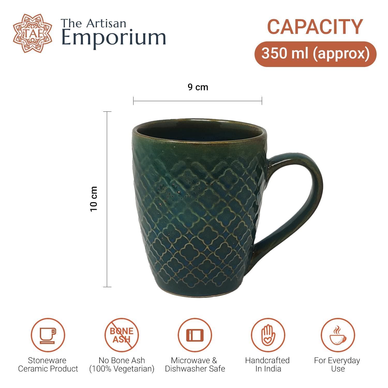 Handcrafted Teal Green Ceramic Coffee Mug Set Of 2 - 350ml Each | Ceramic Mugs For Coffee, Tea, Milk - Microwave Safe & Dishwasher Safe