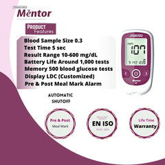 Standard Mentor Digital Blood Glucose Meter For Self Diabetes Testing Monitor Machine With 10 Strips & Complete Medical Device Kit - Glucometer