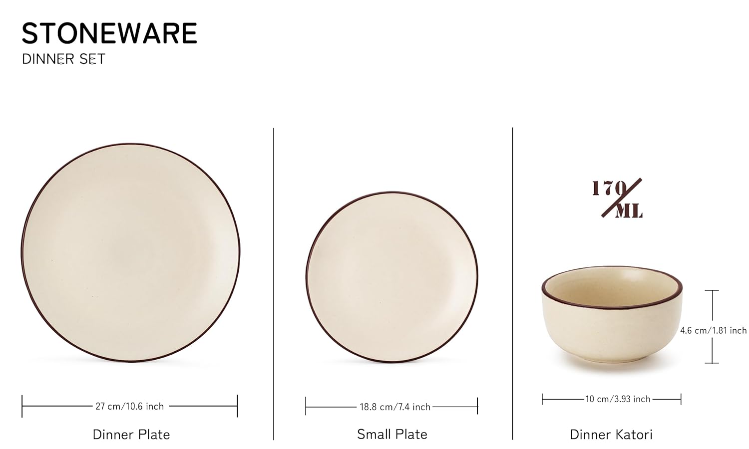 Handcrafted Ceramic Stoneware Dinner Set - Pack Of 12 Pcs, Off-White | 4 Dinner Plates, 10.6 Inch Each + 4 Small Plates, 7.4 Inch Each+ 4 Small Dinner Bowl, 170ml Each - Microwave & Dishwasher Safe