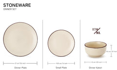 Handcrafted Ceramic Solid Dinner Set Of 18 - Off White | 6 Dinner Plates, 10.6 Inch Each+ 6 Small Plates, 7.4 Inch Each + 6 Small Dinner Bowls, 170ml Each - Microwave & Dishwasher Safe