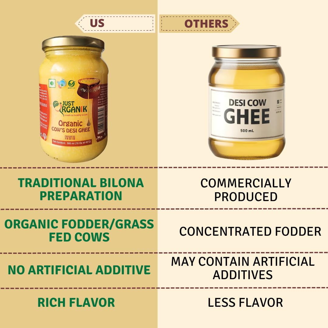 Organic Cow'S Desi Ghee By Just Organik | Rich In Nutrients Flavor Cow Ghee For Cooking & Ayurvedic Health | (500ml) 16.9 Ounce | Jar Pack