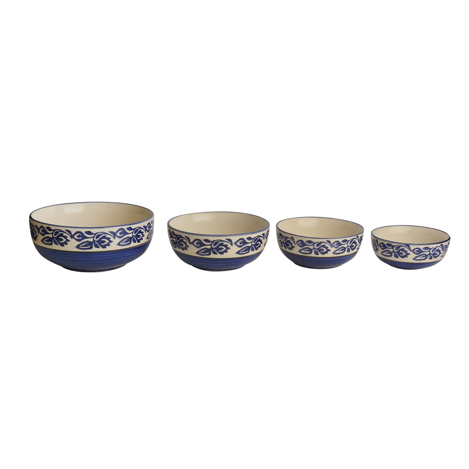 Studio Pottery Hand Painted Dinner Serving Bowl Set Of 4 - 1200ml, 650ml, 450ml & 250ml, Blue | Dinner Serving Donga Set - Stackable Kitchen Bowl Set