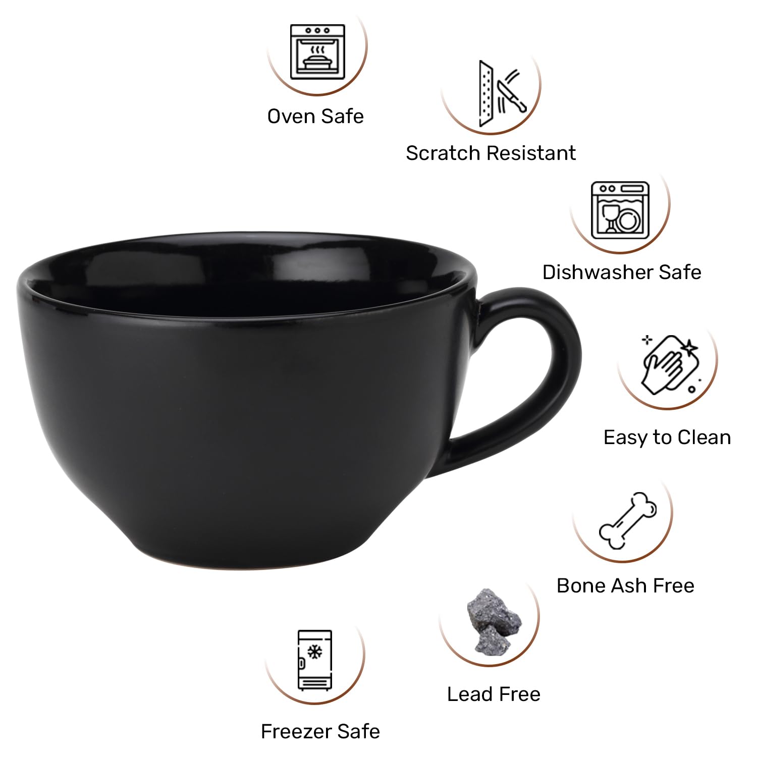 Ceramic Soup & Coffee Wide Large Mug With Handle - Set Of 1, 350ml, Black | Bone Ash Free & Microwave Safe - Mug For Maggi, Cappuccino, Latte, Green Tea