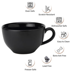 Ceramic Soup & Coffee Wide Large Mug With Handle - Set Of 2, 350ml Each, Black | Bone Ash Free & Microwave Safe - For Maggi, Cappuccino, Latte, Green Tea - Matte Finish