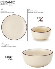 Handcrafted Ceramic Stoneware Dinner Set Of 10 Pcs With Serving Bowl Set - Off White | 4 Dinner Plates, 10.6 Inch Each + 4 Small Dinner Bowl, 170ml Each+ 2 Serving Bowl, 1000ml Each