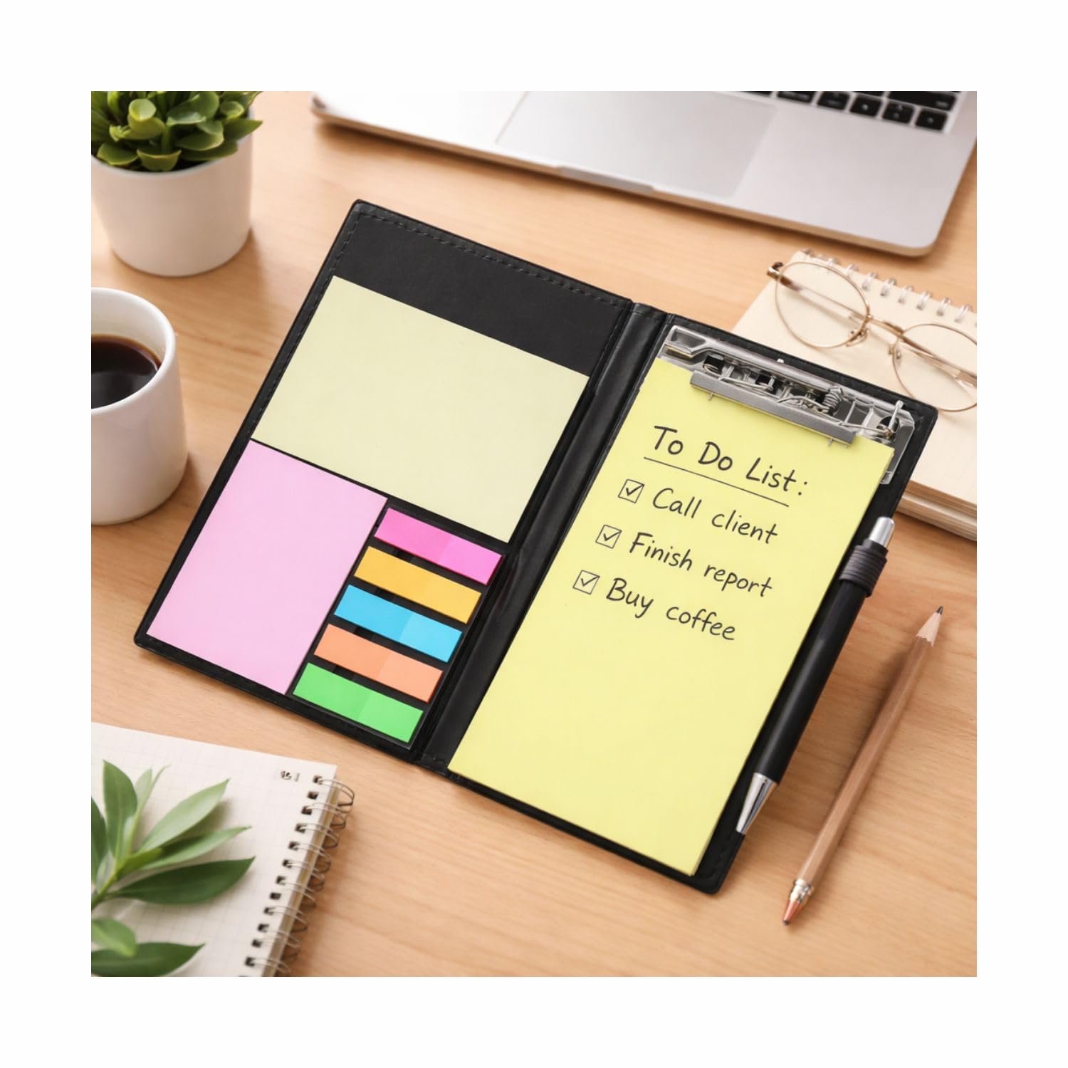 Sticky Notes, Clip Holder & Pen | Desk & Office Organizer Notebook (Lemon Green)