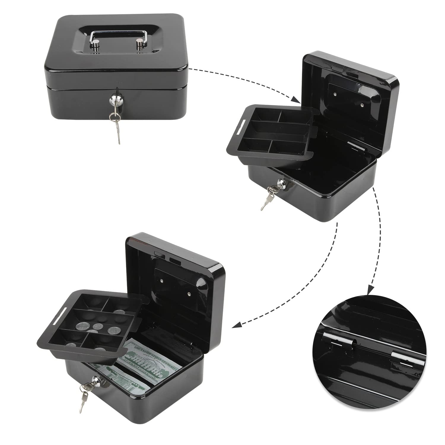 Cash Box Metal Money Box With 4 Bill 5 Coin Cash Tray Coin Compartment And Key Lock, 11.8l X 9.5w X 3.5h Inches, Colour - Black