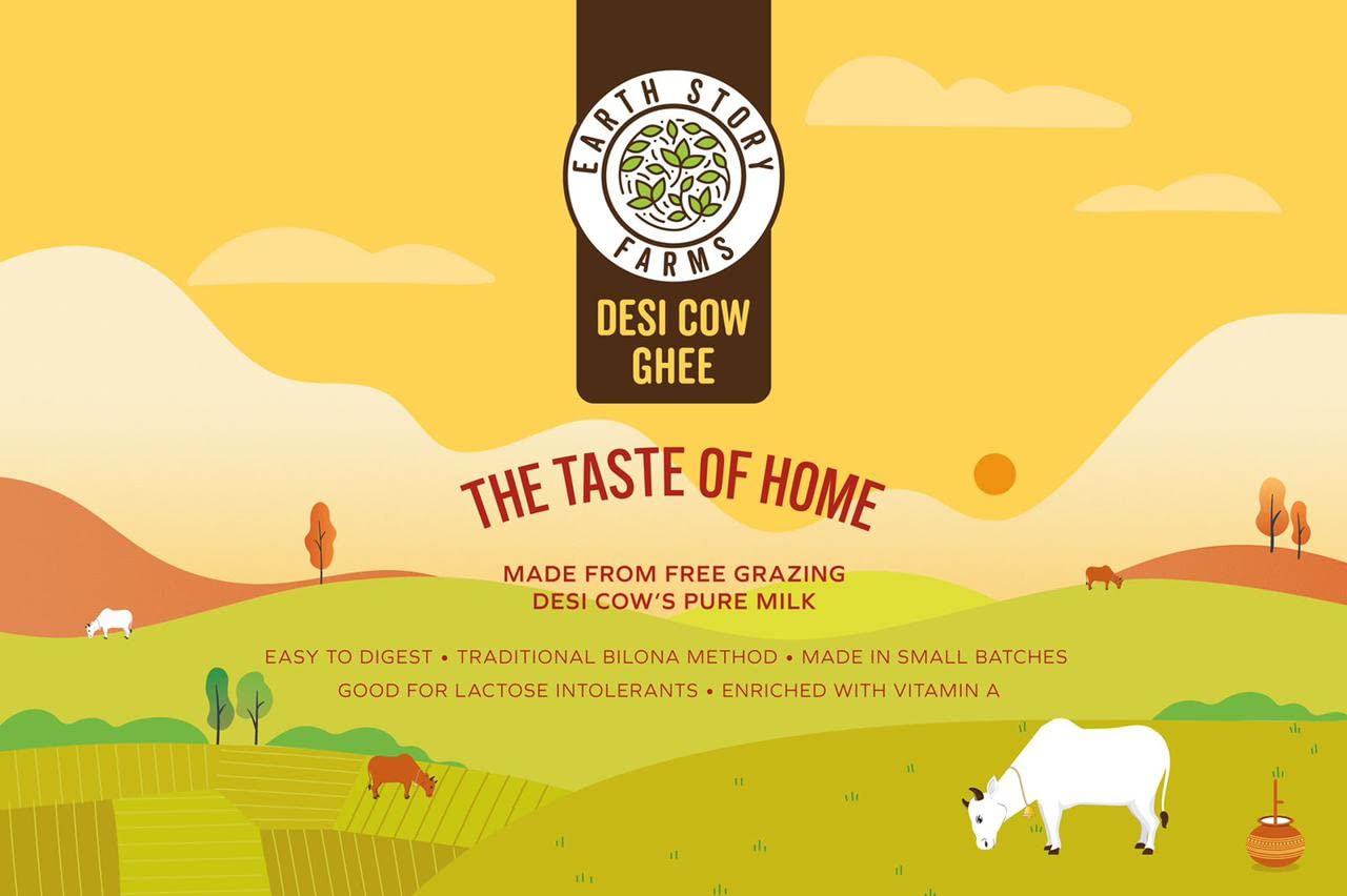 100% Pure Desi Cow Ghee By Earth Story Farms | Naturally Desi Cow Bilona Method Desi Ghee Good For Chapati & Sabji | (250ml) 8.4 Ounce | Jar Pack