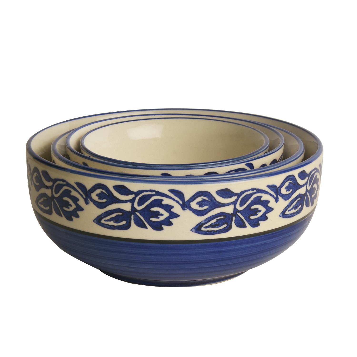 Studio Pottery Hand Painted Dinner Serving Bowl Set Of 4 - 1200ml, 650ml, 450ml & 250ml, Blue | Dinner Serving Donga Set - Stackable Kitchen Bowl Set