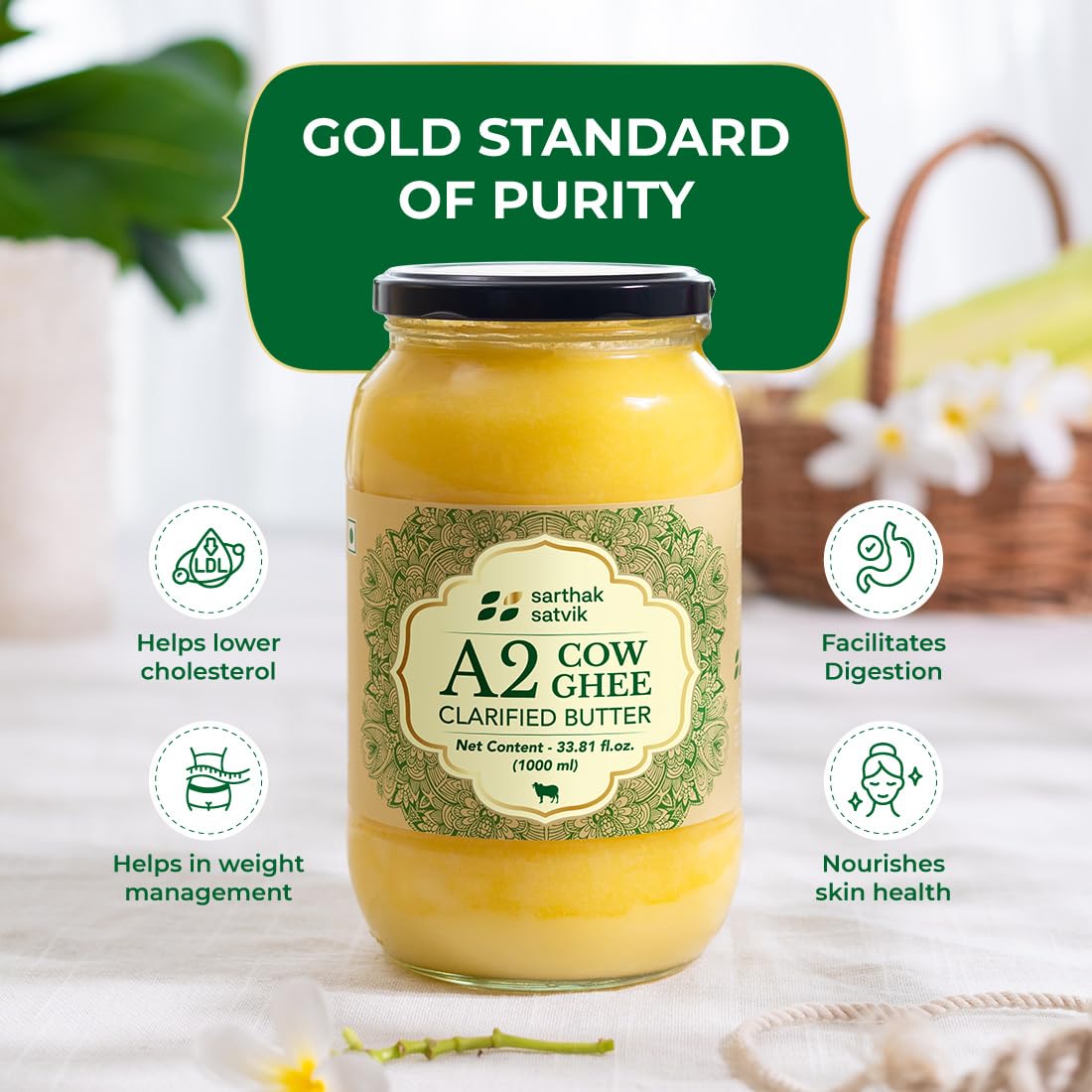 100% Natural A2 Cow Ghee Desi By Sarthak Satvik | Nutrient Rich Ghee Made With Traditional Binola Method Good For Health | (1 Litre) 33.8 Ounce | Jar Pack