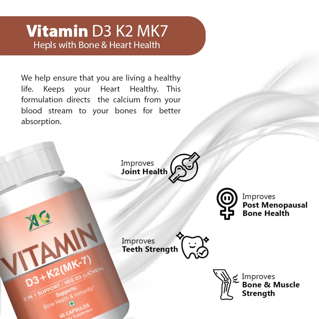 Anc Vitamin D3 K2 Mk7 Supplement, Supports Stronger Immunity & Bone & Heart Health For Men And Women | 60 Capsules, 100gm 0.2lbs