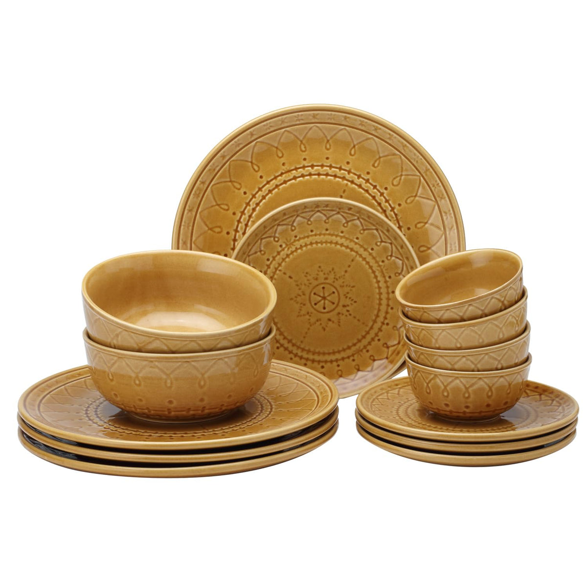 Handcrafted Stoneware Ceramic Dinner Set Of 14 Pcs With Serving Bowl Set - Golden Brown | 4 Dinner Plates+ 4 Small Plates+ 4 Small Bowls, 180ml Each+ 2 Serving Bowls, 1000ml Each | Dishwasher Safe