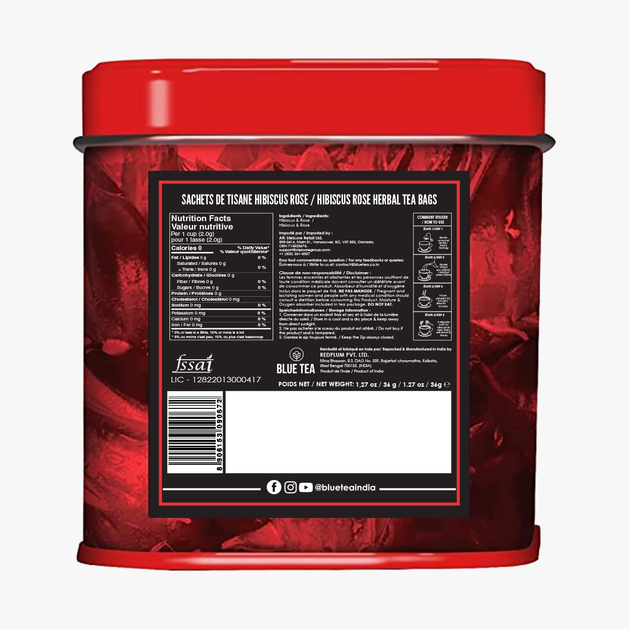 Blue Tea Hibiscus Rose Herbal Tea - 18 Pyramid Tea Bags | Skin Glow Enhancing Tea - Caffeine Free, Gluten-Free, Non-GMO | Flower Based Tangy Taste