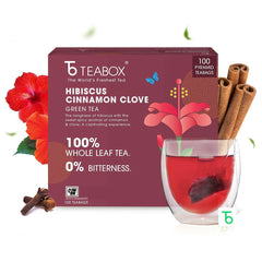 Teabox Hibiscus Cinnamon Clove Green Tea - 100 Pyramid Tea Bags | Natural Hibiscus, Cinnamon & Clove - Antioxidant Rich, Improves Immunity | Low Caffeine, 0% Bitterness