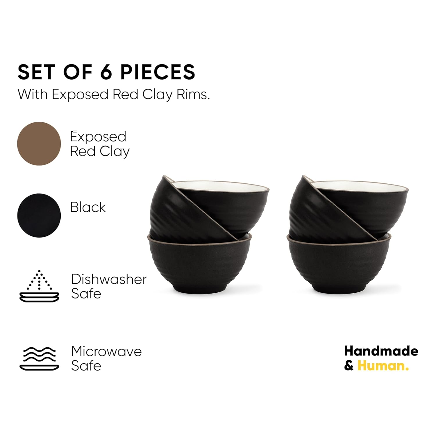 Ceramic Japandi Veg Bowls Set Of 6 For Dinner - 220ml Each, Black | Katori Set Of 6 | Premium Stoneware - Ceramic Bowls Set Of 6 | Dessert Bowl Set With Glossy Finish - Ice Cream Bowls