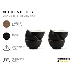 Ceramic Japandi Veg Bowls Set Of 6 For Dinner - 220ml Each, Black | Katori Set Of 6 | Premium Stoneware - Ceramic Bowls Set Of 6 | Dessert Bowl Set With Glossy Finish - Ice Cream Bowls