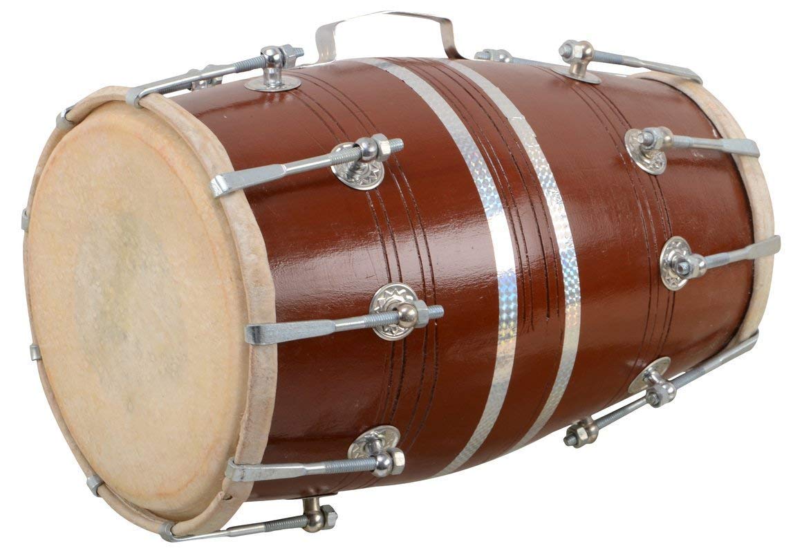 18 Inch Wooden Dholak Indian Folk With Cover, Brown - Indian Folk Musical Instrument Drum Nuts N Bolt
