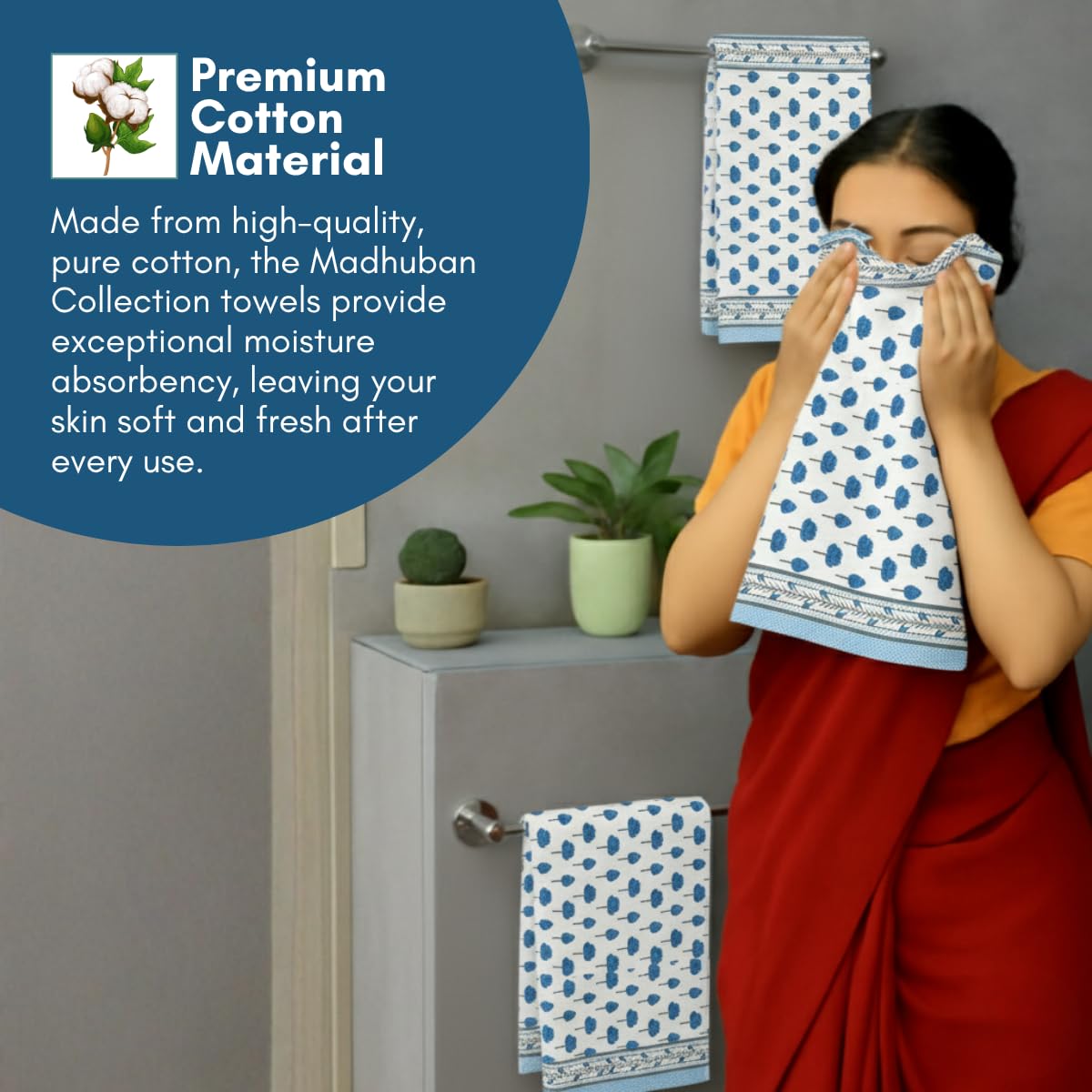 Mafatlal Madhuban Premium Waffle Cotton 1 Bath & 2 Hand Towel 700 Gsm | Hand Printed Quick Dry, Soft & Absorbent Towel (Feather) - 3 Pcs