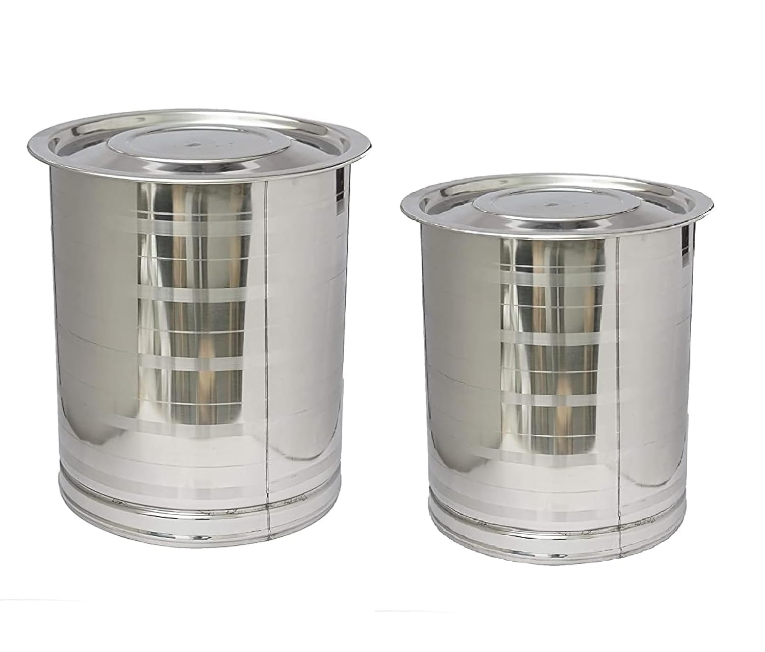 Stainless Steel Atta Tanki Or Container, Box, Drum, Pawali, Tanki With Lid 22 No.+24 No. | Silver Stainless Steel Atta Drum - Set Of 2