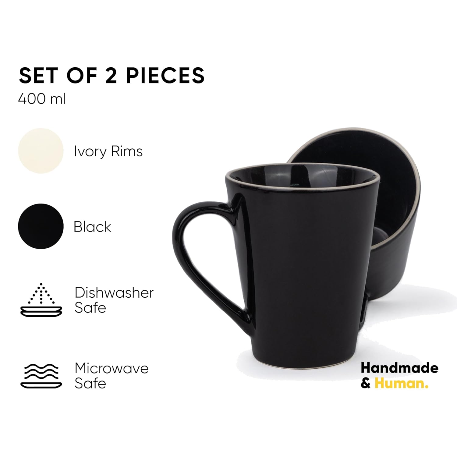 Large Ceramic Coffee Mug Set Of 2 - Black Rim, 350ml Each | Black Beauty Ceramic Mug - Tea Mug With Glossy Finish | Mug For Coffee - Ceramic Coffee Mug | Stoneware Coffee Cup - Microwave Safe