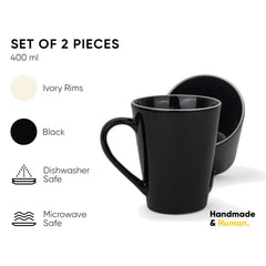 Large Ceramic Coffee Mug Set Of 2 - Black Rim, 350ml Each | Black Beauty Ceramic Mug - Tea Mug With Glossy Finish | Mug For Coffee - Ceramic Coffee Mug | Stoneware Coffee Cup - Microwave Safe