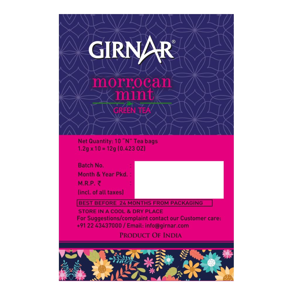Girnar Refreshing Morrocan Mint Green Tea - 12gm, 0.4 Ounce, 10 Tea Bags | ?No Artificial Colors, No Artificial Flavor, No Preservatives - Caffeine Free Green Tea