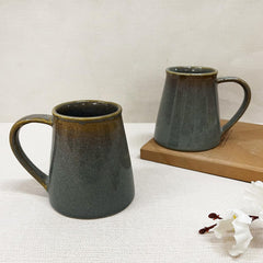 Green Funnel Ceramic Coffee Mug Set Of 2 Pieces - 330ml Each | Studio Pottery Ceramic Mugs For Coffee, Tea, Milk - Microwave Safe & Leak Proof